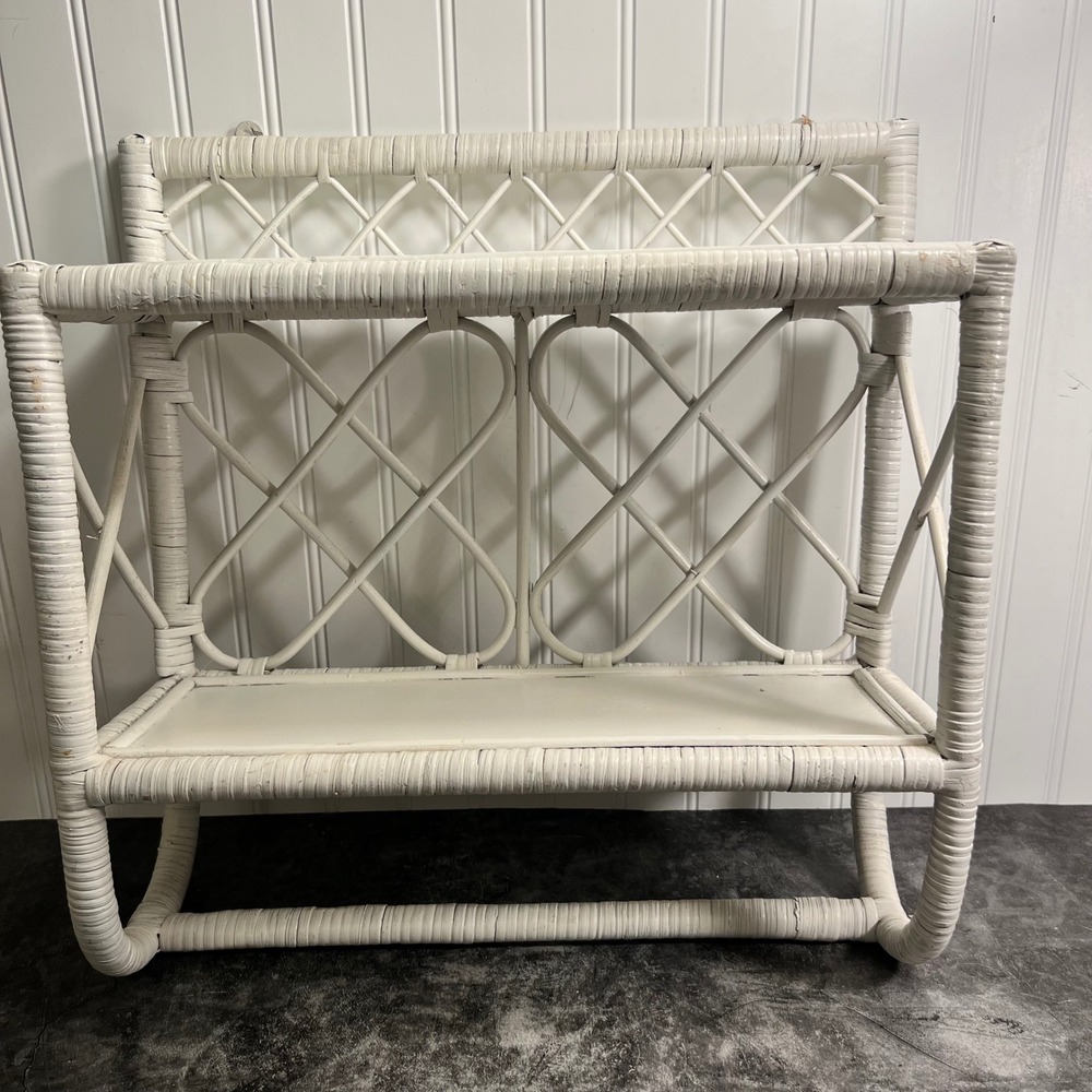 Vintage White Wicker and Rattan Wall Shelf with Towel Bar | Cottage